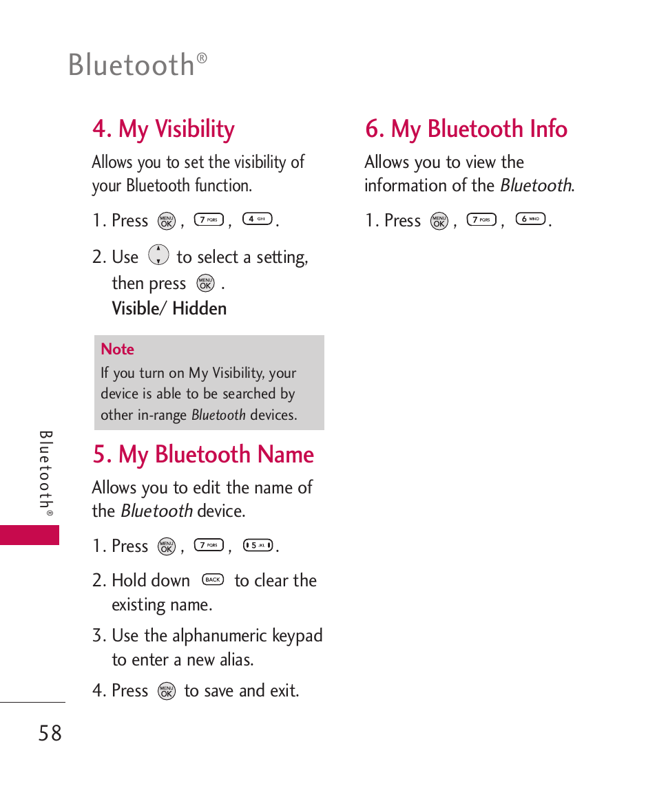 My visibility, My bluetooth name, My bluetooth info | Bluetooth | LG 260 User Manual | Page 60 / 240
