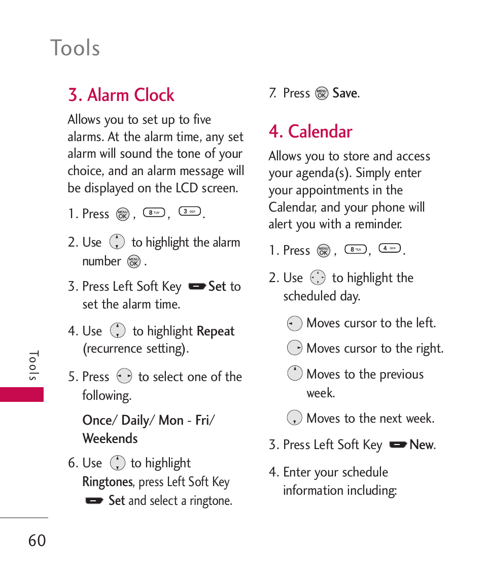 Alarm clock, Calendar, Tools | LG 260 User Manual | Page 62 / 240