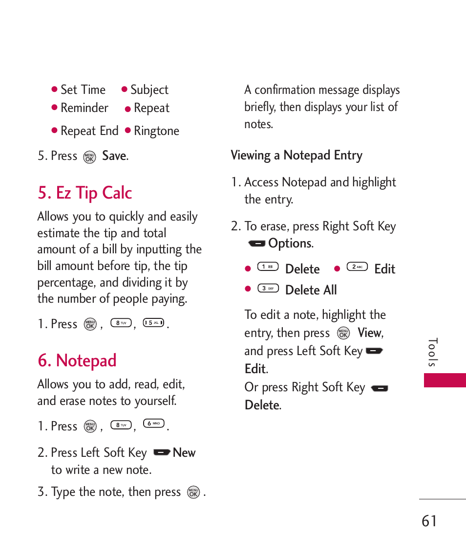 Ez tip calc, Notepad | LG 260 User Manual | Page 63 / 240