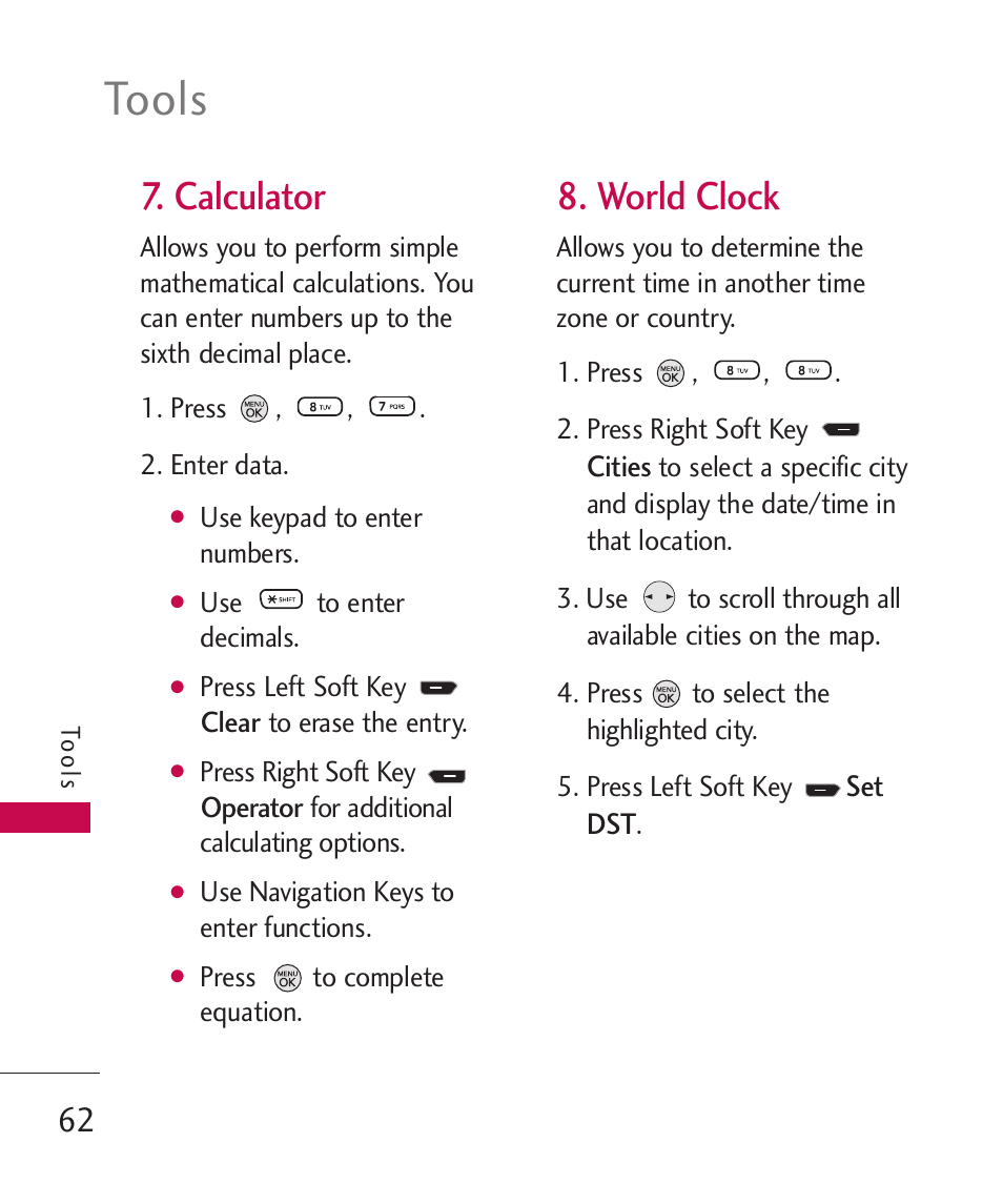 Calculator, World clock, Tools | LG 260 User Manual | Page 64 / 240