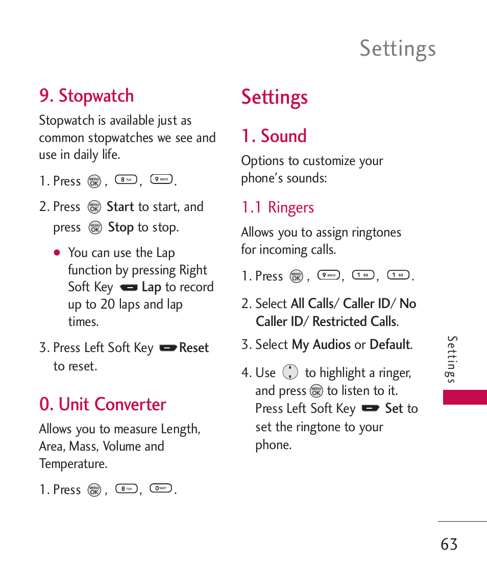 Stopwatch, Unit converter, Settings | Sound, 1 ringers | LG 260 User Manual | Page 65 / 240