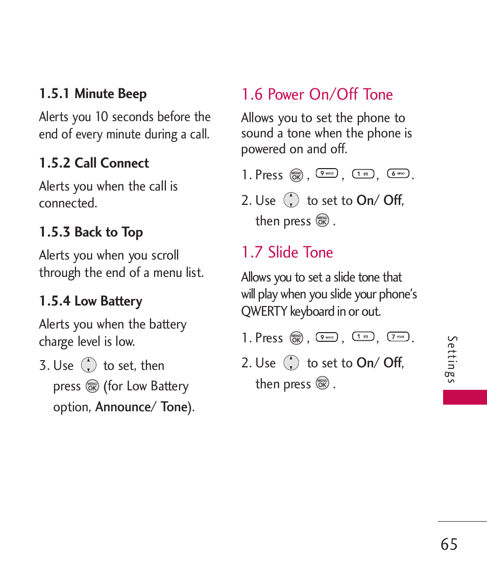 6 power on/off tone, 7 slide tone | LG 260 User Manual | Page 67 / 240