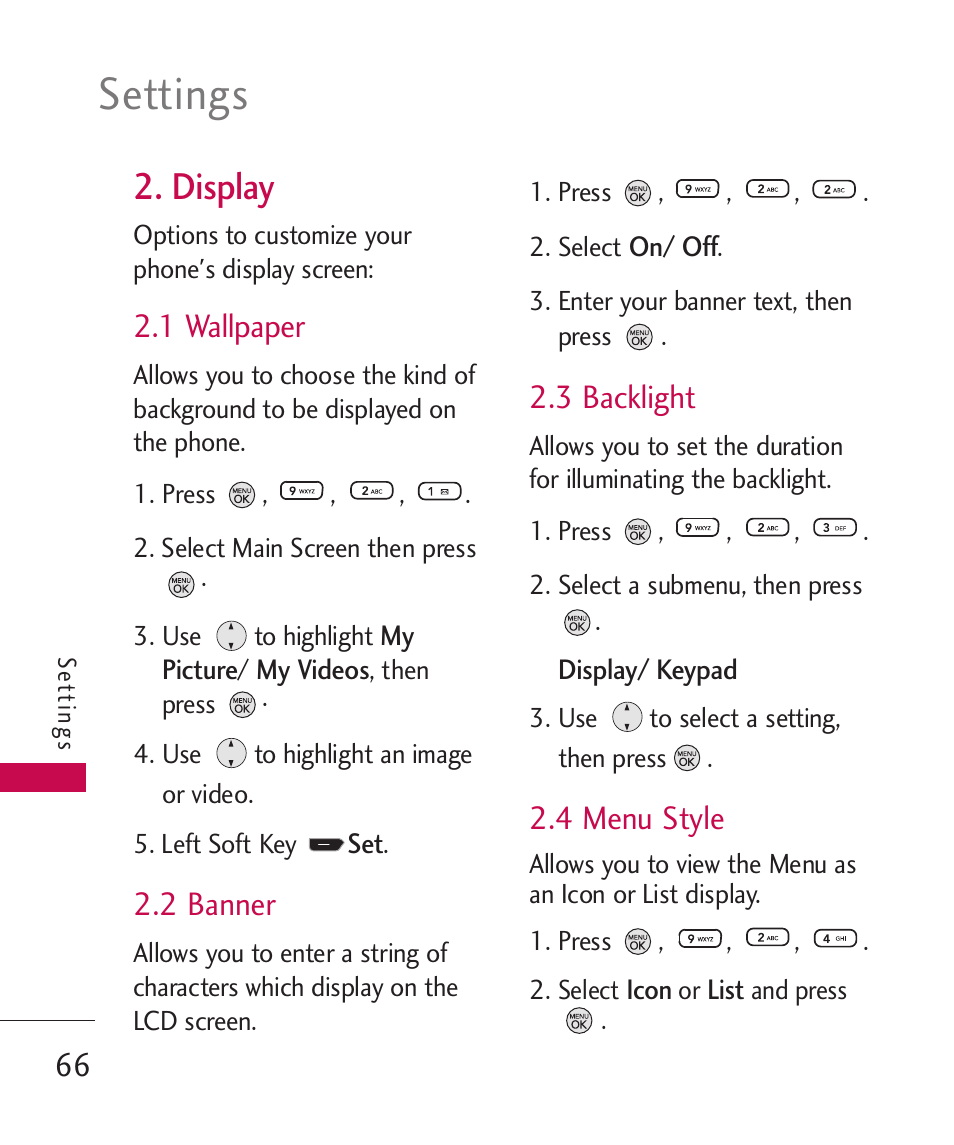 Display, 1 wallpaper, 2 banner | 3 backlight, 4 menu style, Settings | LG 260 User Manual | Page 68 / 240