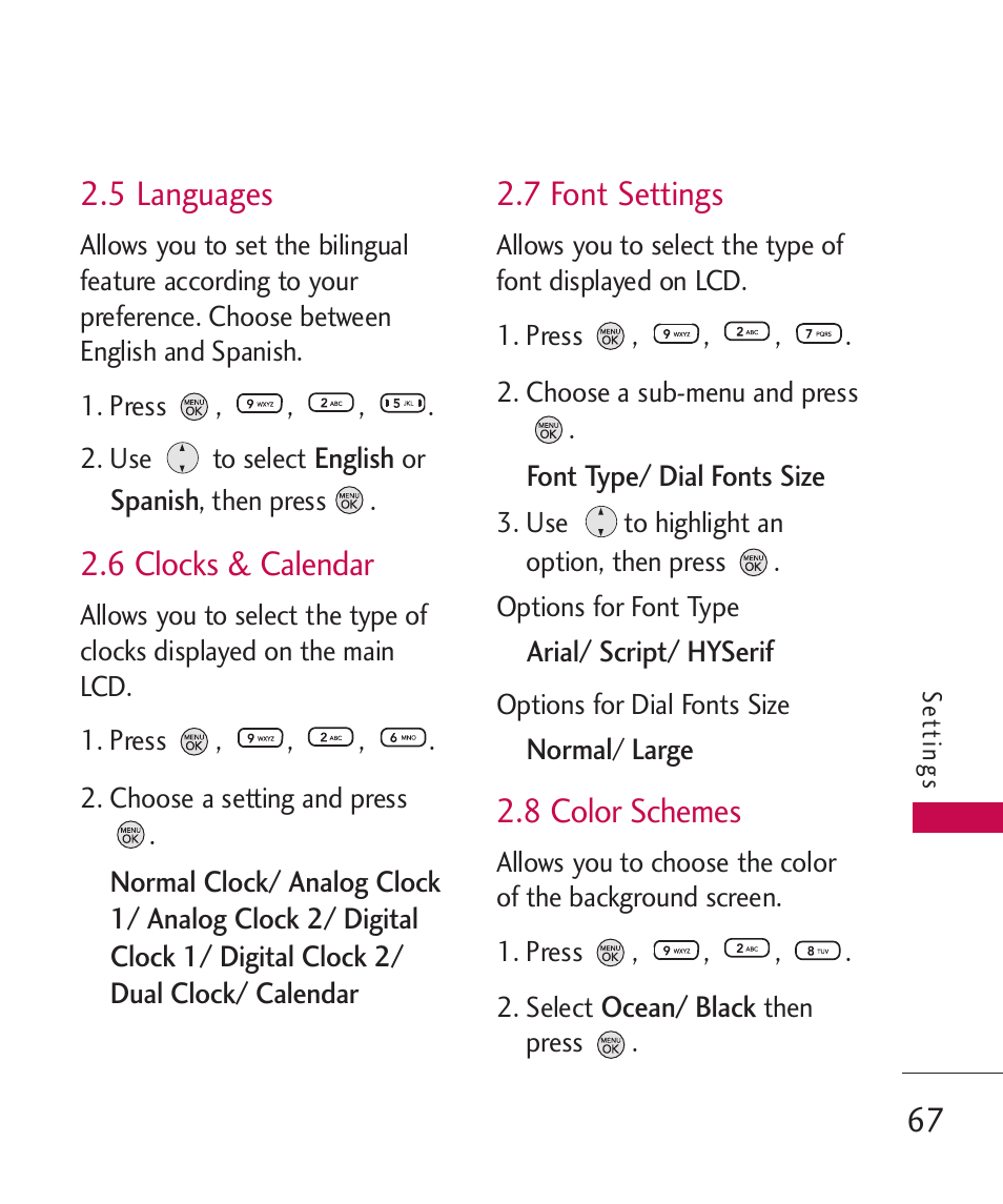 5 languages, 6 clocks & calendar, 7 font settings | 8 color schemes | LG 260 User Manual | Page 69 / 240