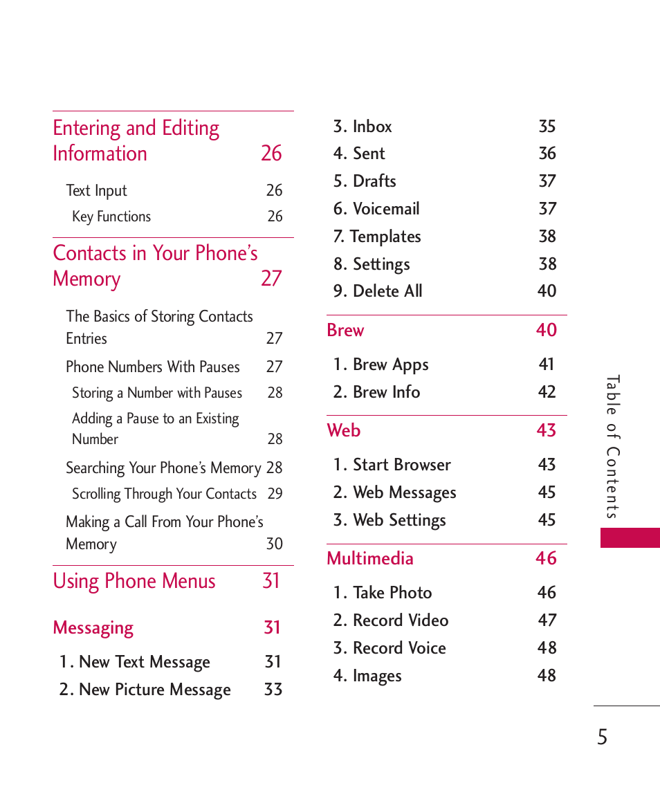 Entering and editing information 26, Using phone menus 31 | LG 260 User Manual | Page 7 / 240