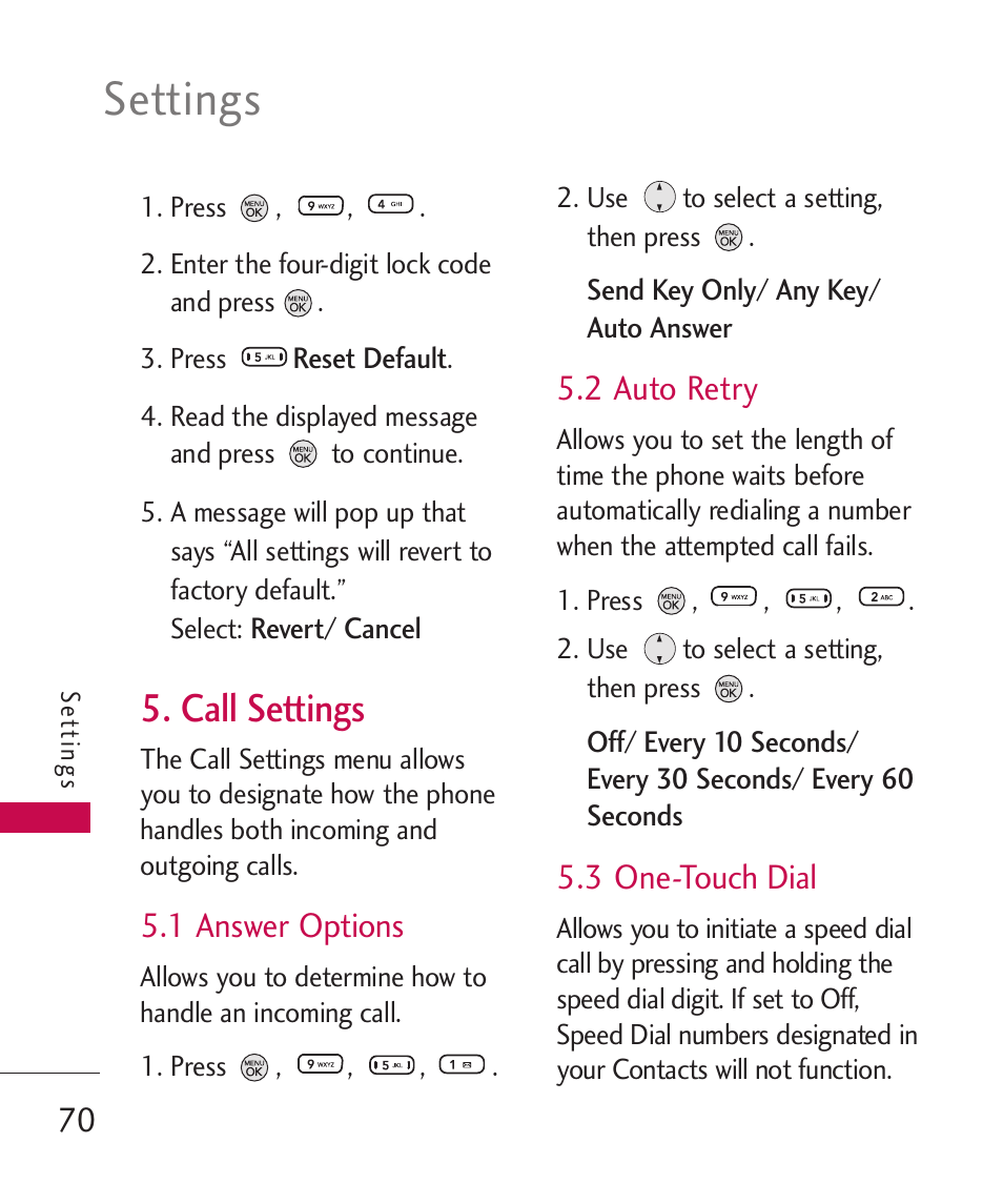 Call settings, 1 answer options, 2 auto retry | 3 one-touch dial, Settings | LG 260 User Manual | Page 72 / 240