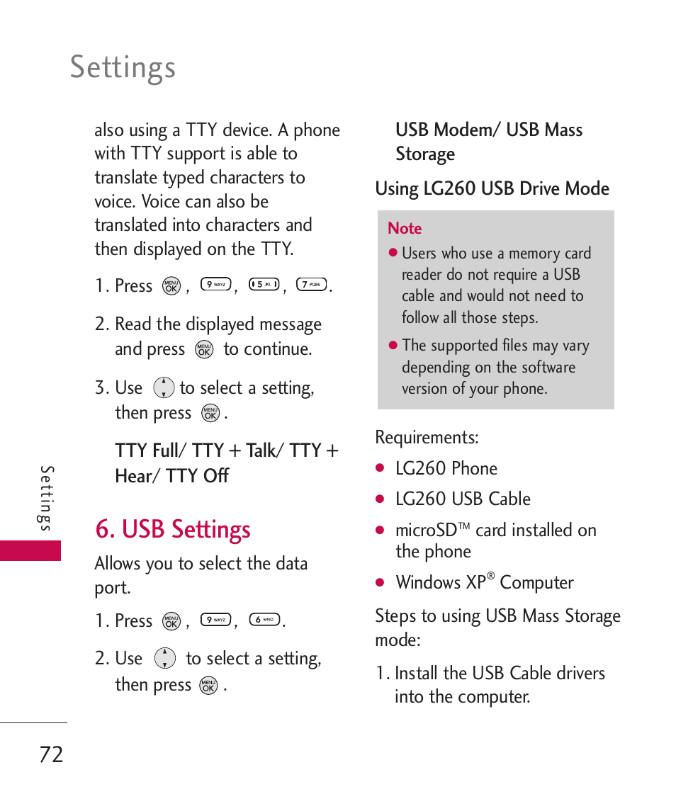 Usb settings, Settings | LG 260 User Manual | Page 74 / 240