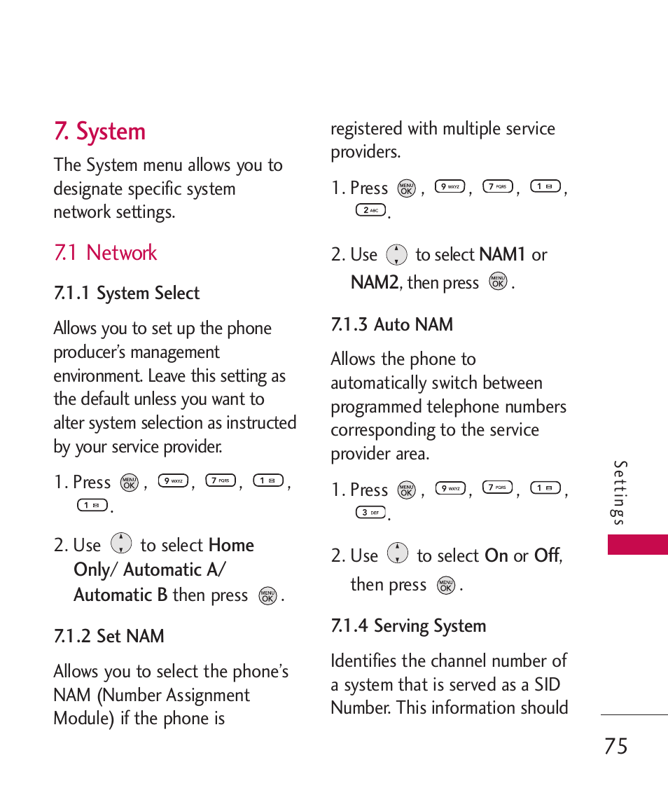 Syste, 1 network, System | LG 260 User Manual | Page 77 / 240