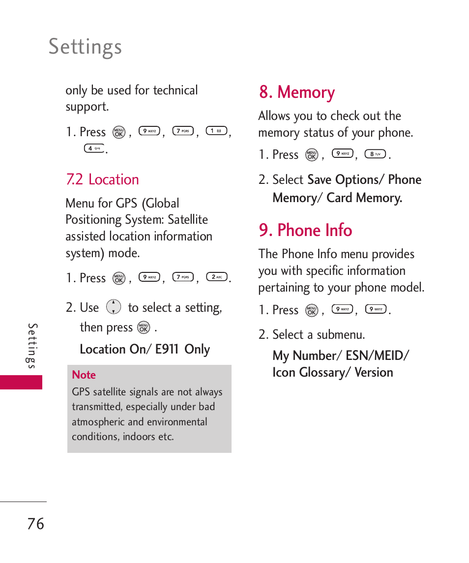 2 location, Memory, Phone info | Settings | LG 260 User Manual | Page 78 / 240