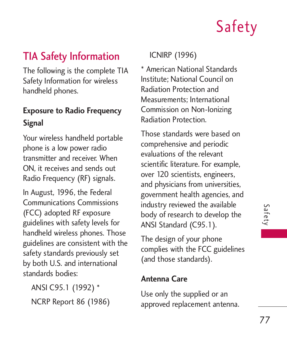 Safety, Tia safety information, Exposure to radio frequency | Antenna care, Exposure to radio frequency signal | LG 260 User Manual | Page 79 / 240