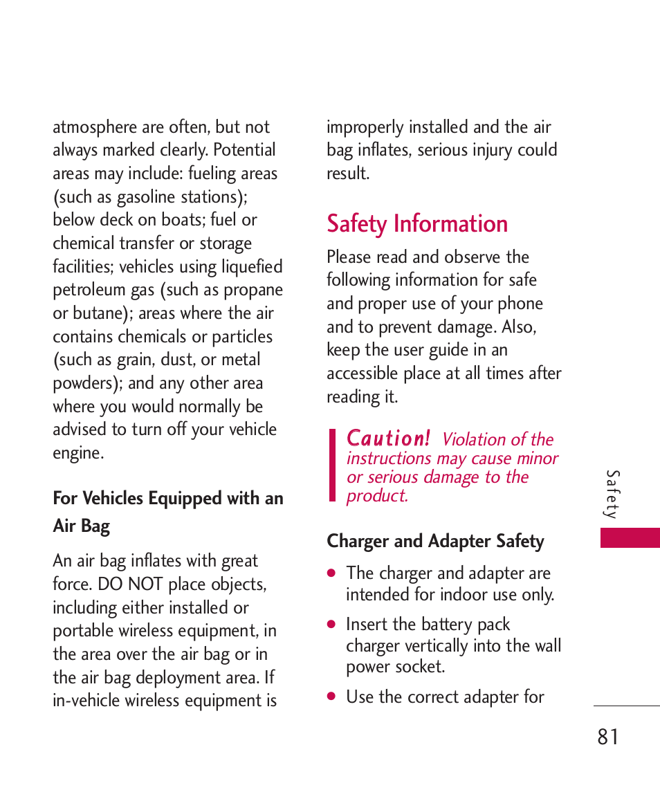 For vehicles equipped with a, Safety information, Charger and adapter safety | For vehicles equipped with an air bag | LG 260 User Manual | Page 83 / 240