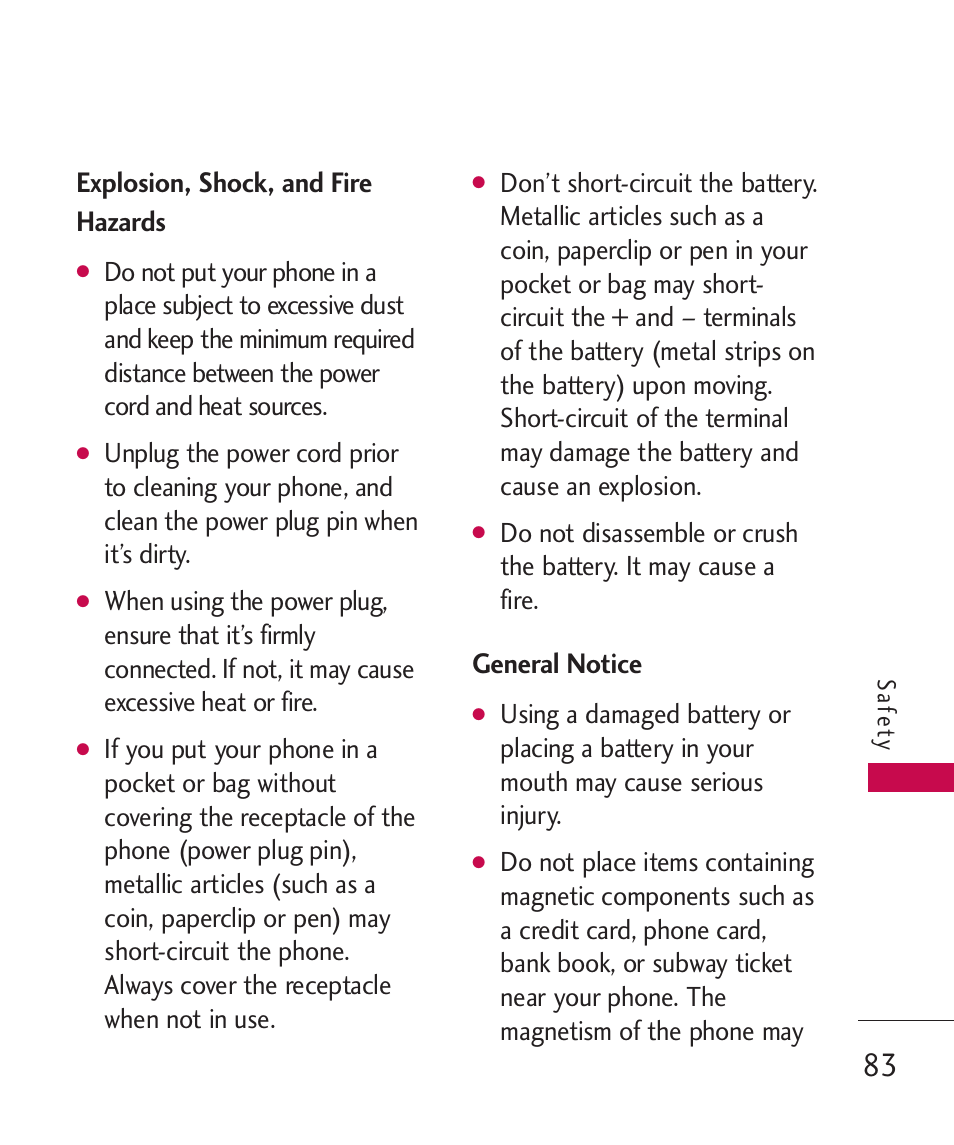 Explosion, shock, and fire h, General notice, Explosion, shock, and fire hazards83 | Explosion, shock, and fire hazards | LG 260 User Manual | Page 85 / 240