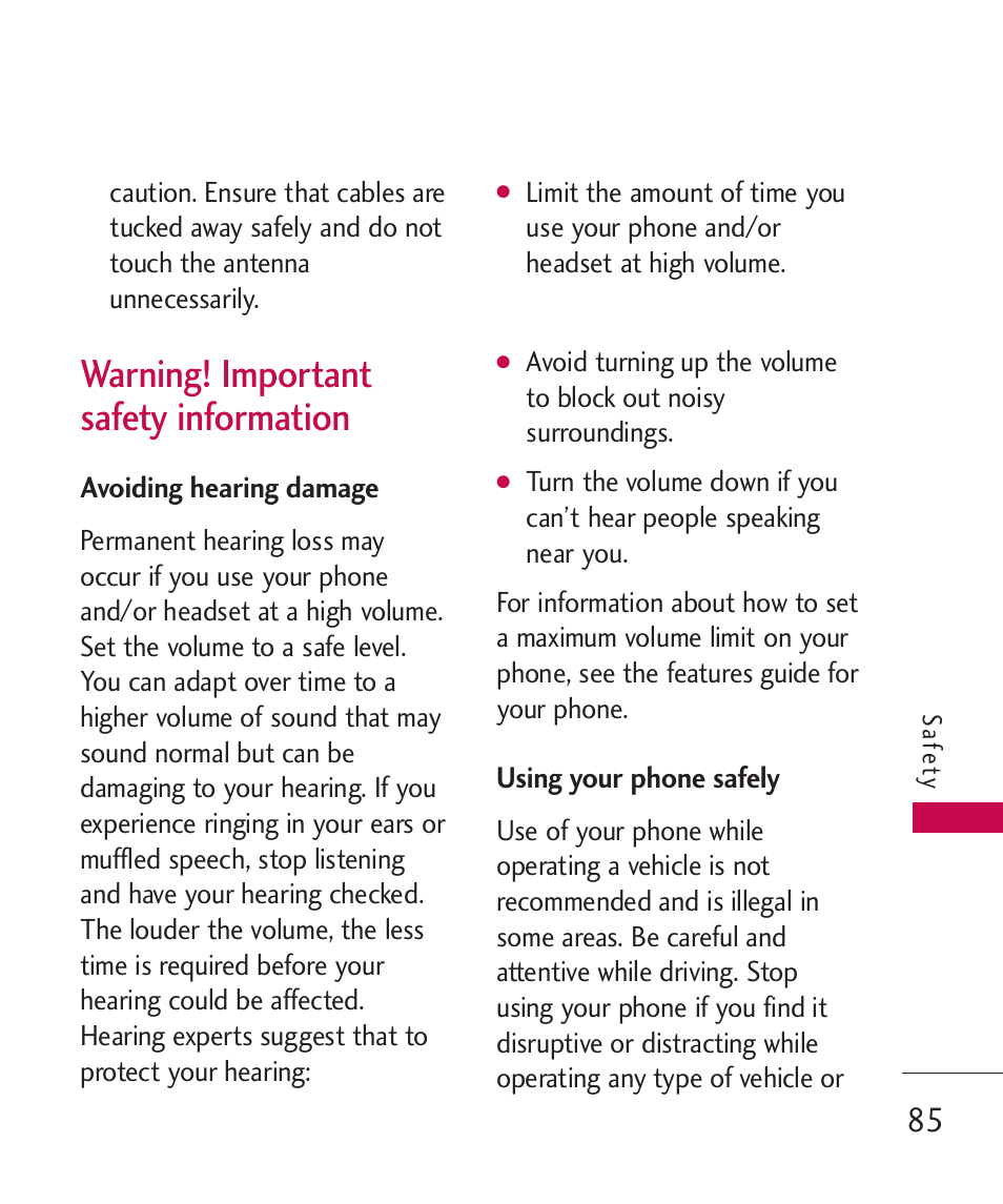 Warning! important safety in, Avoiding hearing damage, Using your phone safely | Warning! important safety information | LG 260 User Manual | Page 87 / 240