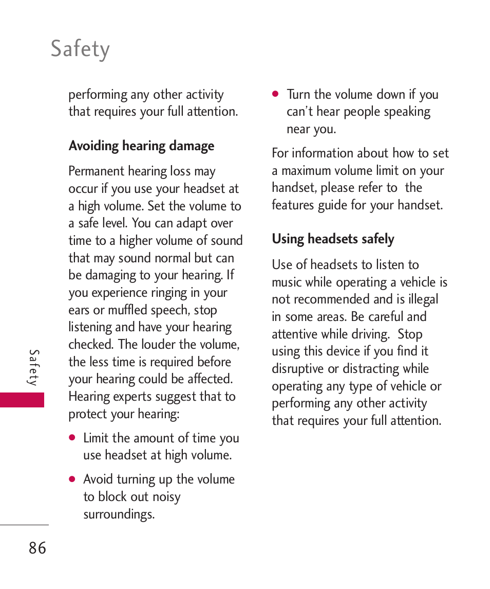 Avoiding hearing damage, Using headsets safely, Safety | LG 260 User Manual | Page 88 / 240