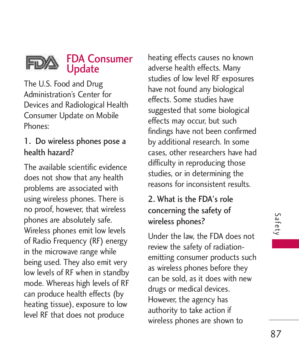 Fda consumer update | LG 260 User Manual | Page 89 / 240