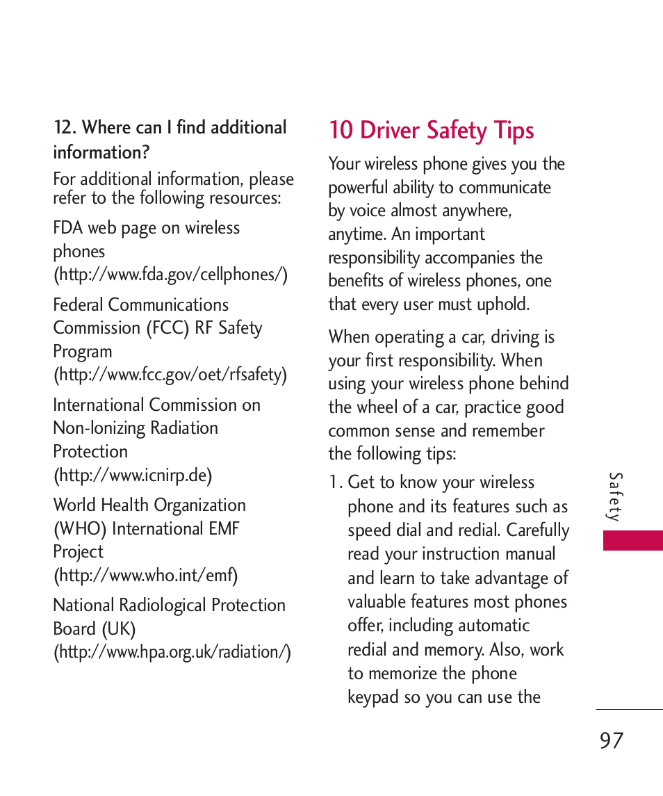 10 driver safety tips | LG 260 User Manual | Page 99 / 240