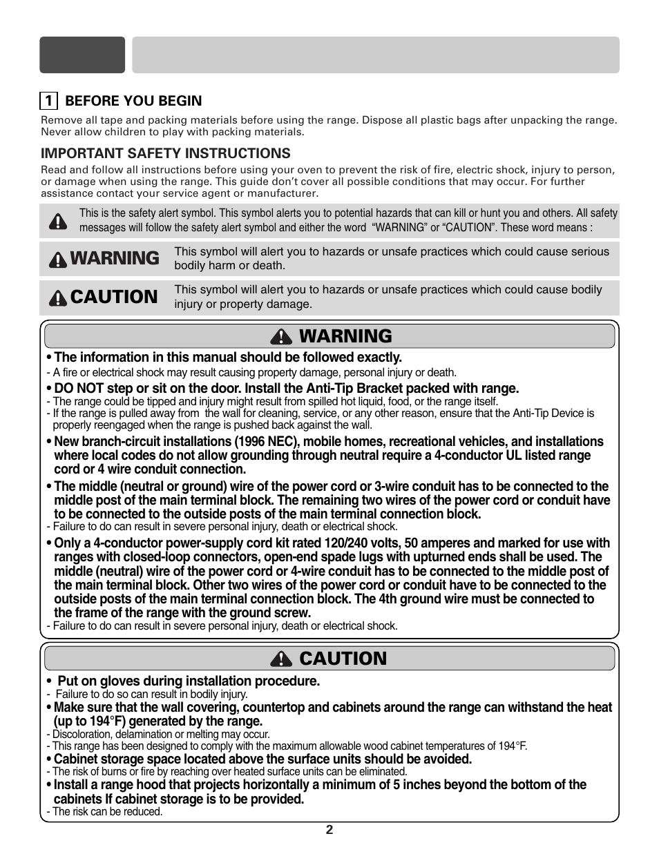 Part 1 safety, Warning, Caution warning | Caution | LG MFL55646202 User Manual | Page 2 / 6