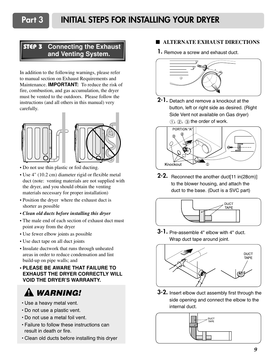 Part 3 initial steps for installing your dryer, Warning | LG D2524W User Manual | Page 10 / 33