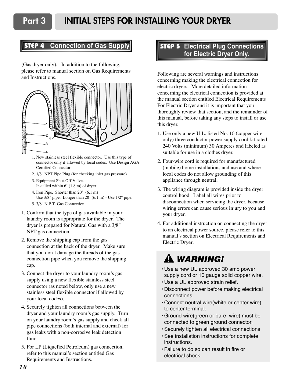 Part 3 initial steps for installing your dryer, Warning | LG D2524W User Manual | Page 11 / 33