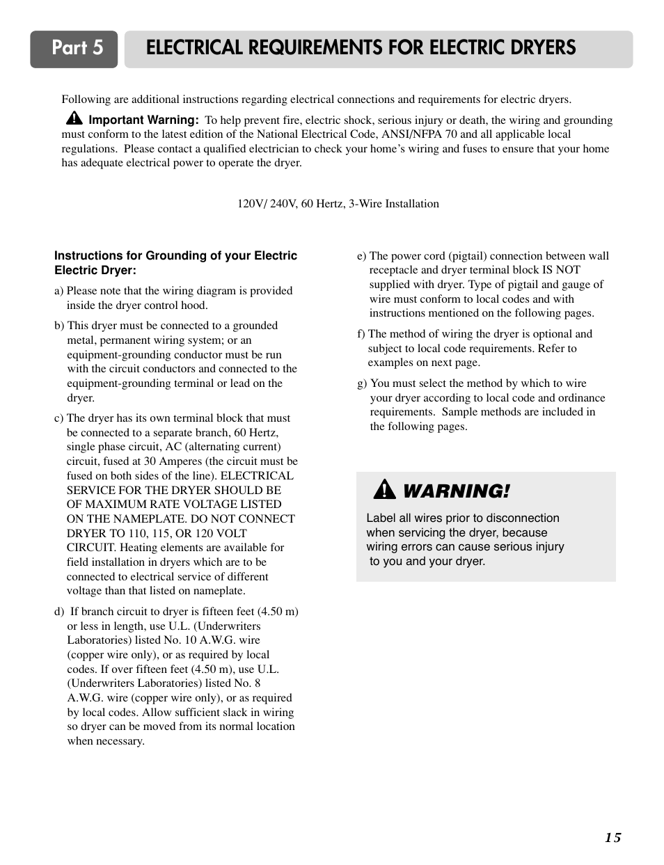 Part 5 electrical requirements for electric dryers, Warning | LG D2524W User Manual | Page 16 / 33