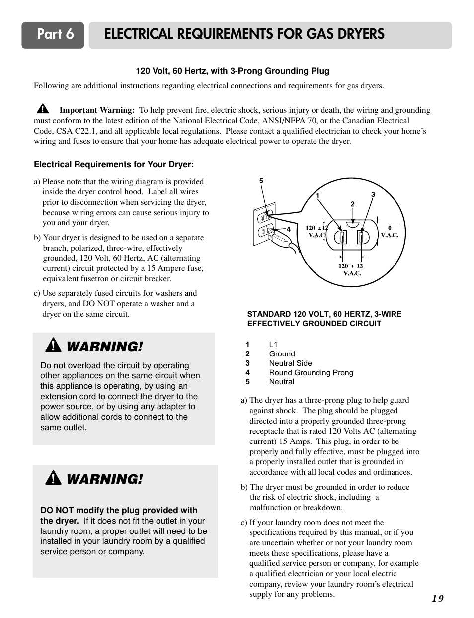 Part 6 electrical requirements for gas dryers, Warning | LG D2524W User Manual | Page 20 / 33