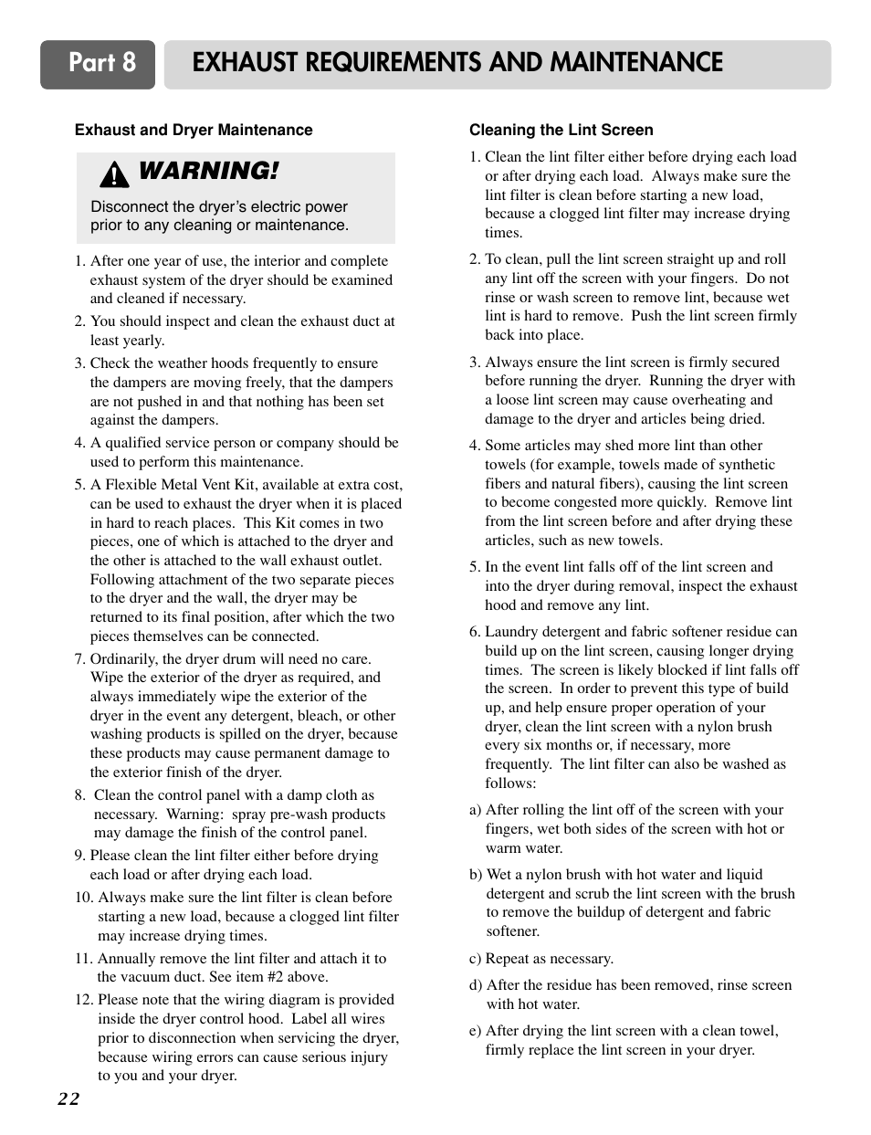 Part 8 exhaust requirements and maintenance, Warning | LG D2524W User Manual | Page 23 / 33