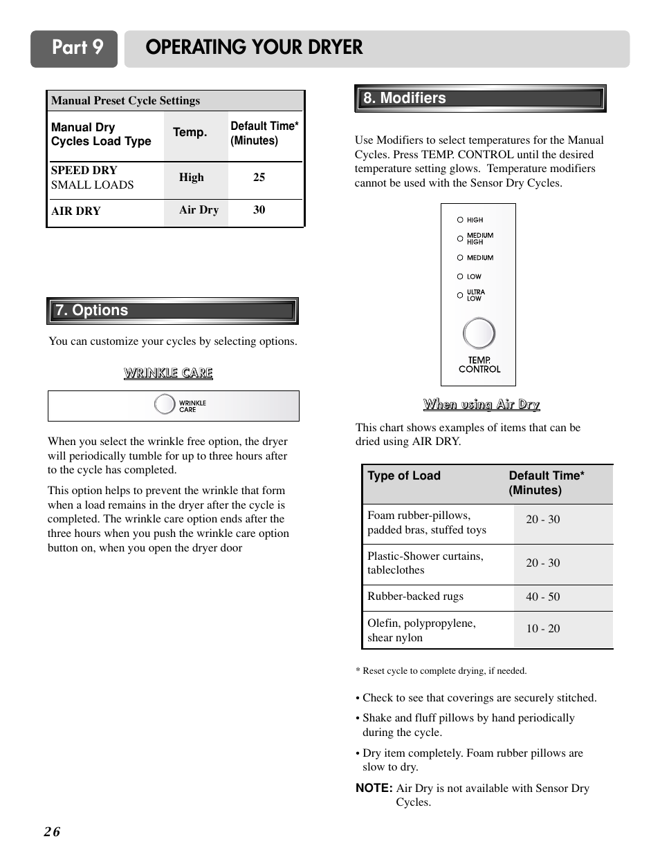 Part 9 operating your dryer, Options 8. modifiers 8. modifiers | LG D2524W User Manual | Page 27 / 33