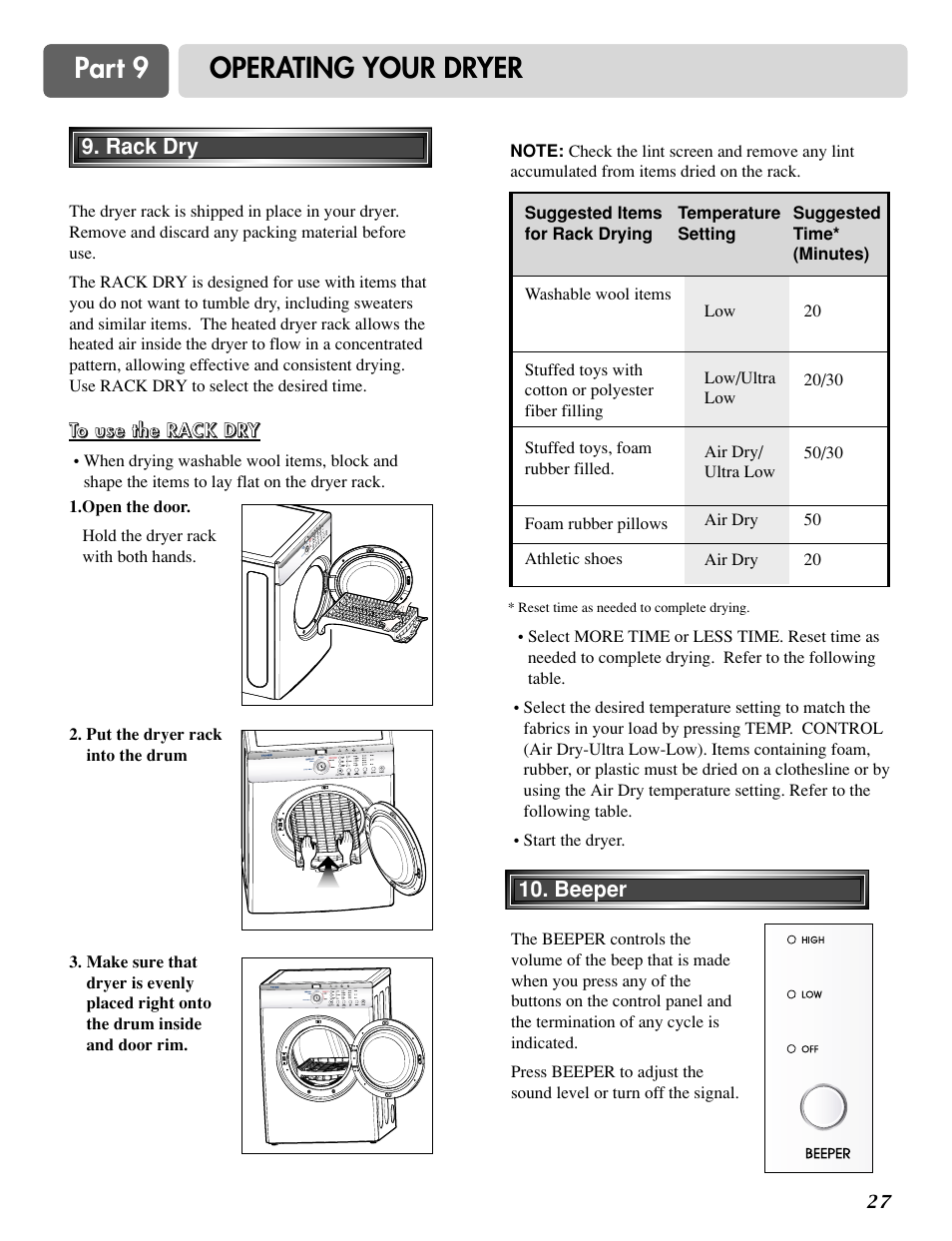 Part 9 operating your dryer | LG D2524W User Manual | Page 28 / 33