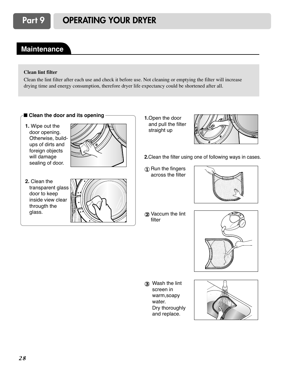 Part 9 operating your dryer, Maintenance | LG D2524W User Manual | Page 29 / 33