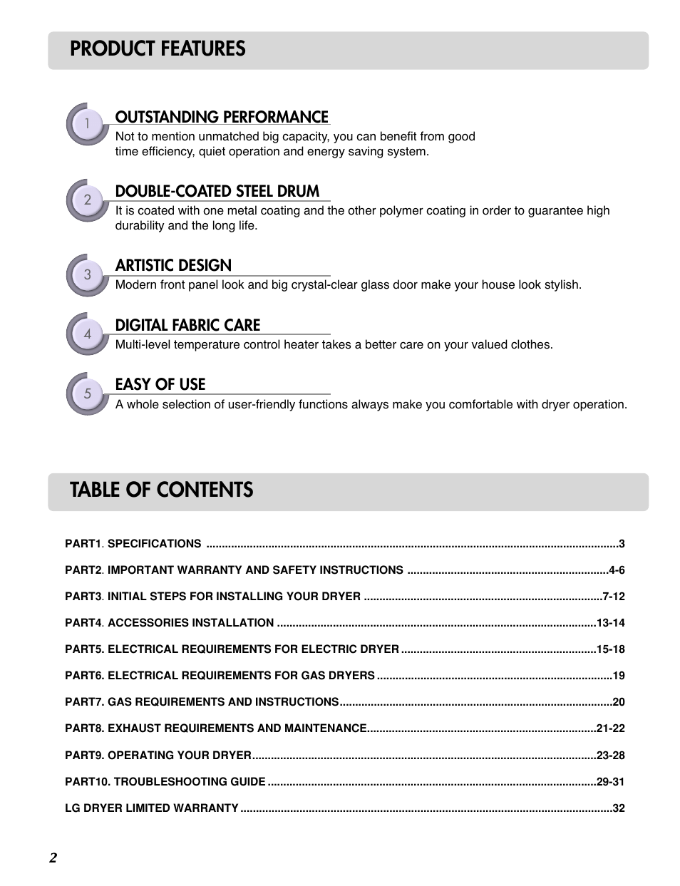 Product features table of contents | LG D2524W User Manual | Page 3 / 33