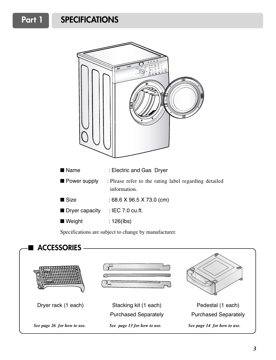 Part 1 specifications, Accessories | LG D2524W User Manual | Page 4 / 33