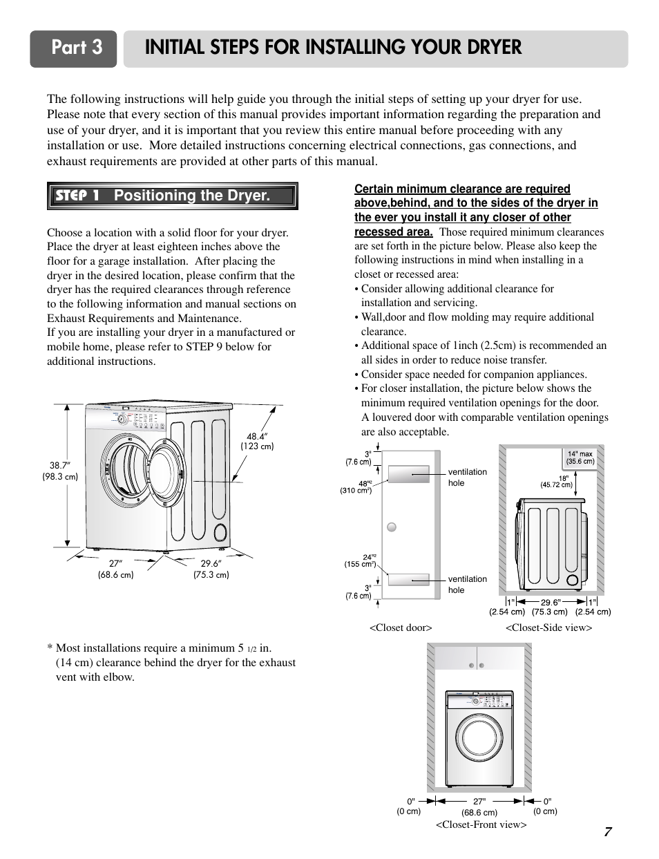 Part 3 initial steps for installing your dryer, Step 1 positioning the dryer | LG D2524W User Manual | Page 8 / 33