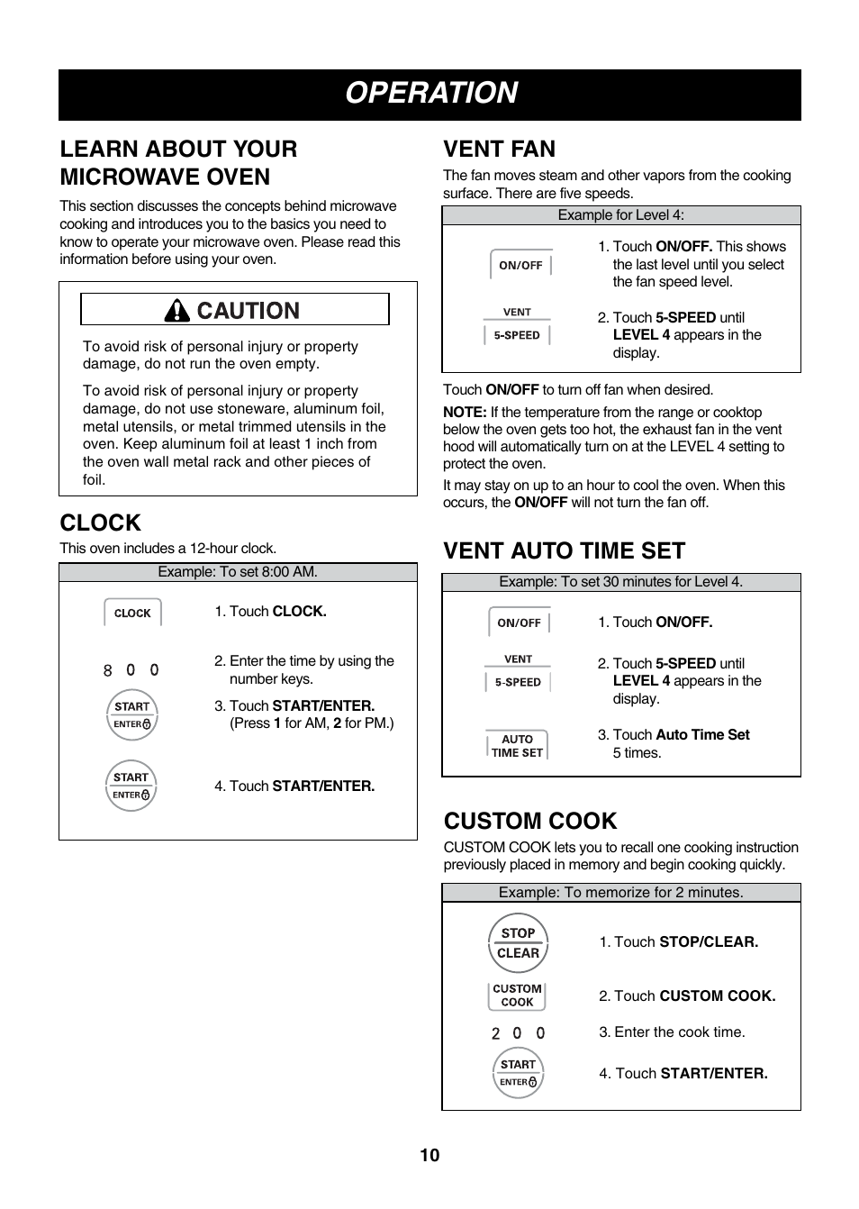 Operation, Learn about your microwave oven, Clock | Vent fan, Custom cook, Vent auto time set | LG LMV2083ST User Manual | Page 10 / 32