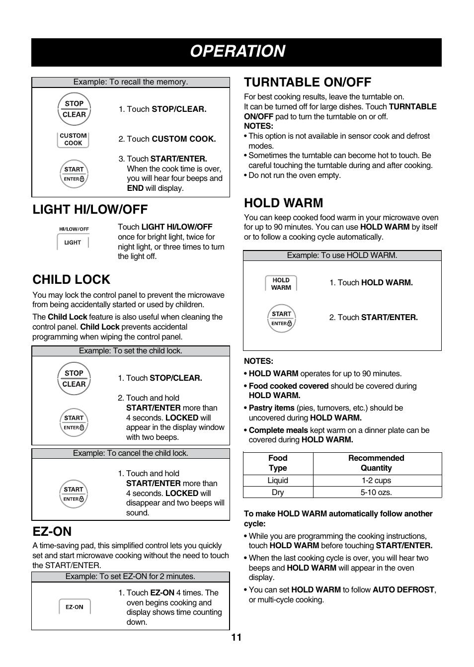 Operation, Light hi/low/off, Child lock | Ez-on, Turntable on/off, Hold warm | LG LMV2083ST User Manual | Page 11 / 32