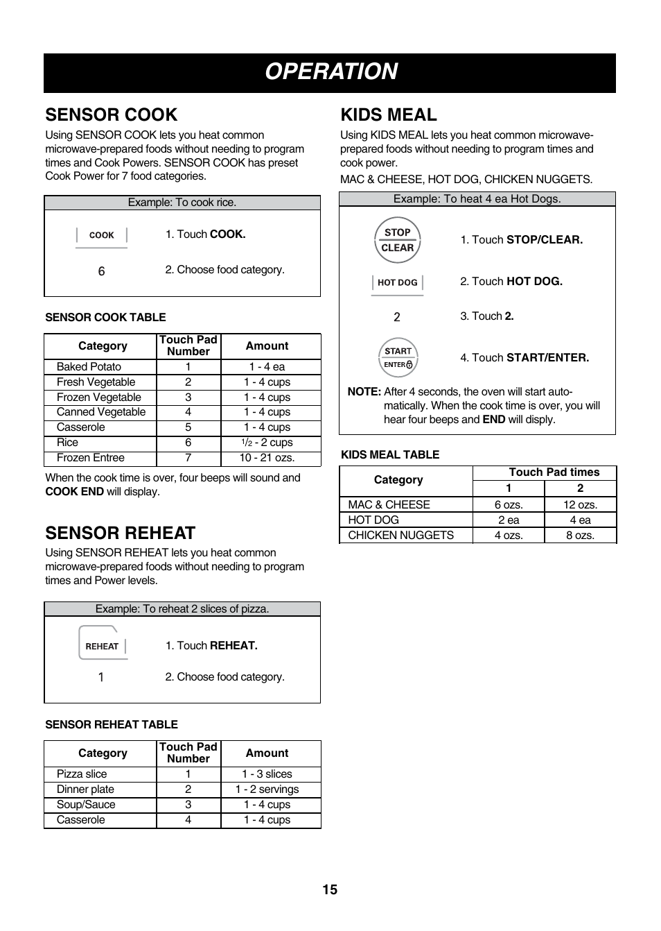 Operation, Sensor cook, Sensor reheat | Kids meal | LG LMV2083ST User Manual | Page 15 / 32