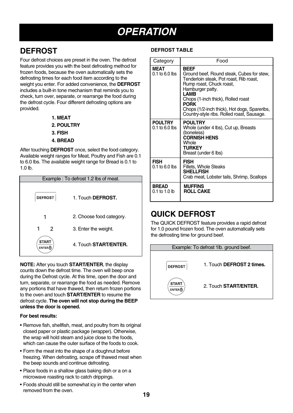 Operation, Defrost, Quick defrost | LG LMV2083ST User Manual | Page 19 / 32