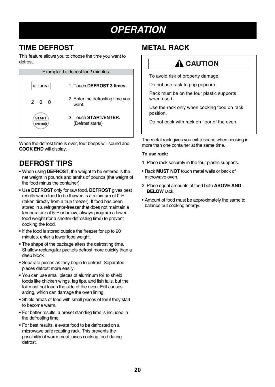 Operation, Time defrost metal rack, Defrost tips | LG LMV2083ST User Manual | Page 20 / 32