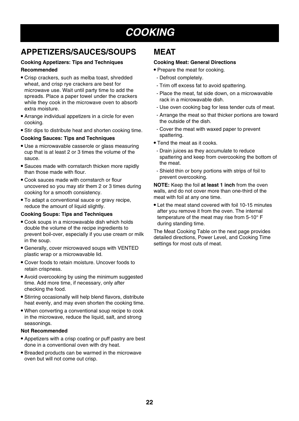 Cooking, Appetizers/sauces/soups, Meat | LG LMV2083ST User Manual | Page 22 / 32