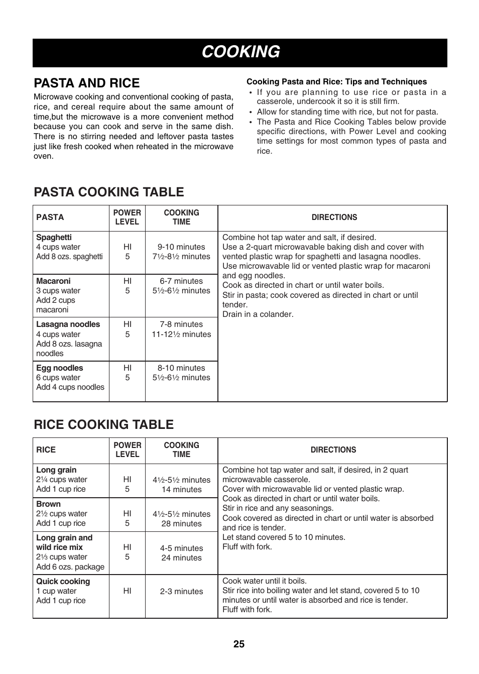 Cooking, Pasta and rice, Pasta cooking table | Rice cooking table | LG LMV2083ST User Manual | Page 25 / 32