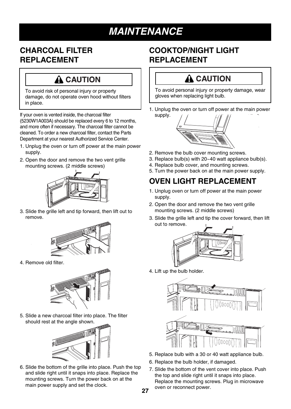 Maintenance, Charcoal filter replacement, Cooktop/night light replacement | Oven light replacement | LG LMV2083ST User Manual | Page 27 / 32