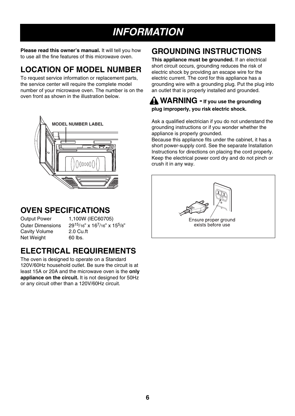 Information, Location of model number, Oven specifications | Electrical requirements, Grounding instructions, Warning | LG LMV2083ST User Manual | Page 6 / 32