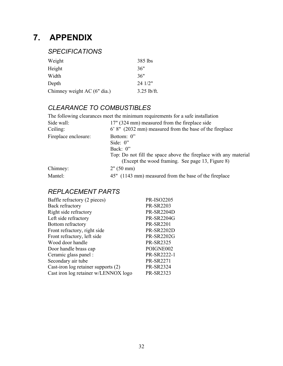 Appendix, Specifications, Clearance to combustibles | Replacement parts | LG P1BRENTW-A User Manual | Page 34 / 34