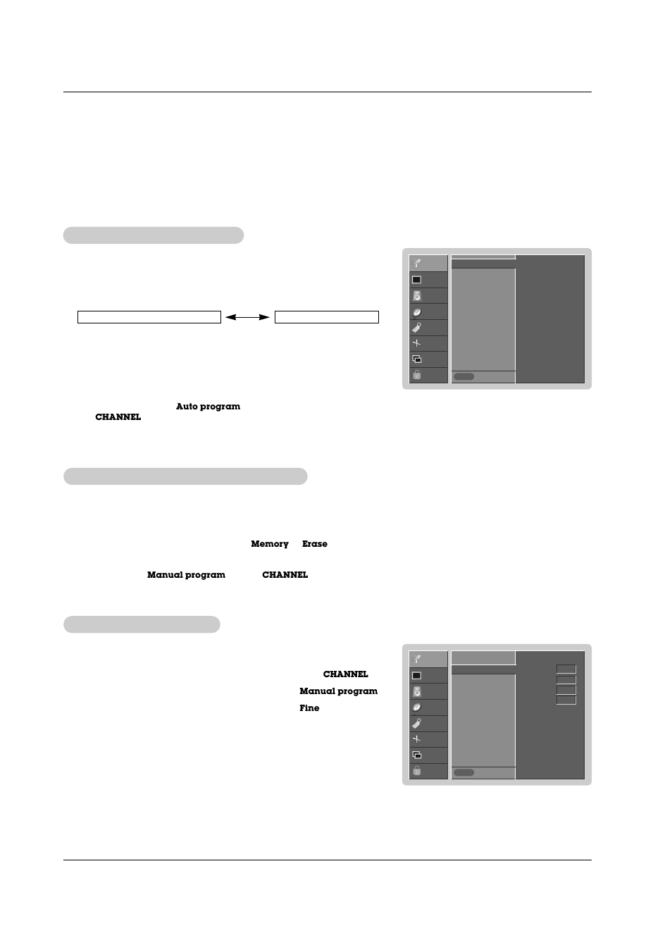Channel menu options, Manual program, Auto program: channel search | Fine, Fine t t uning uning adjustment adjustment | LG RU-42PZ71 User Manual | Page 19 / 52