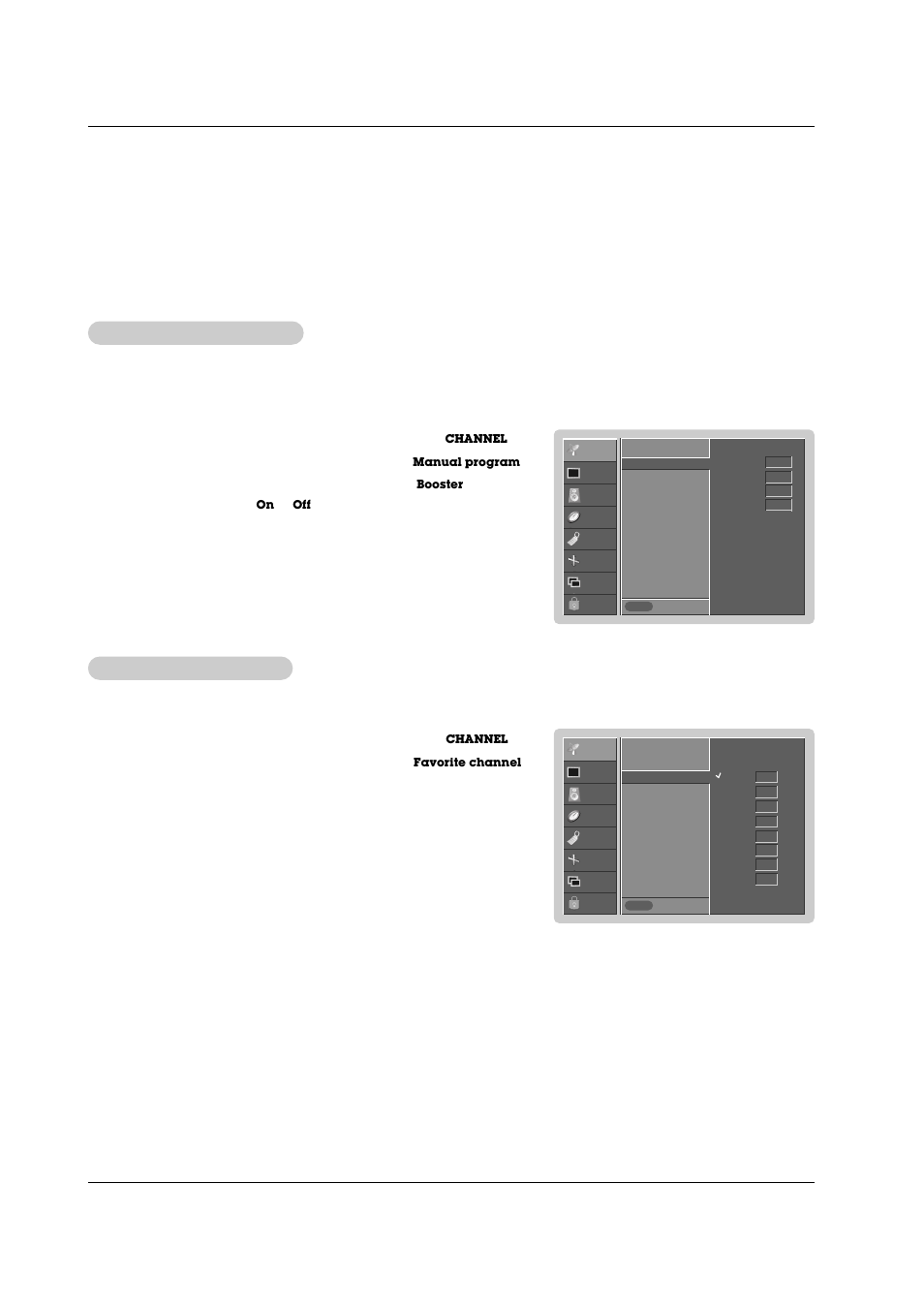Channel menu options continued, Favorite channels setup, Signal reception booster | LG RU-42PZ71 User Manual | Page 20 / 52