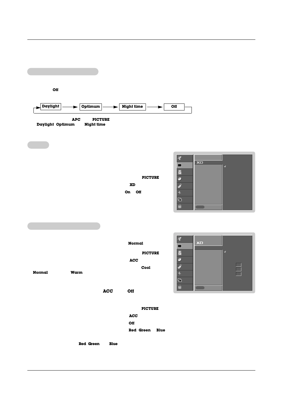 Picture menu options, Apc (auto picture control), Auto color temperature control | Color, Set to, Option) | LG RU-42PZ71 User Manual | Page 21 / 52