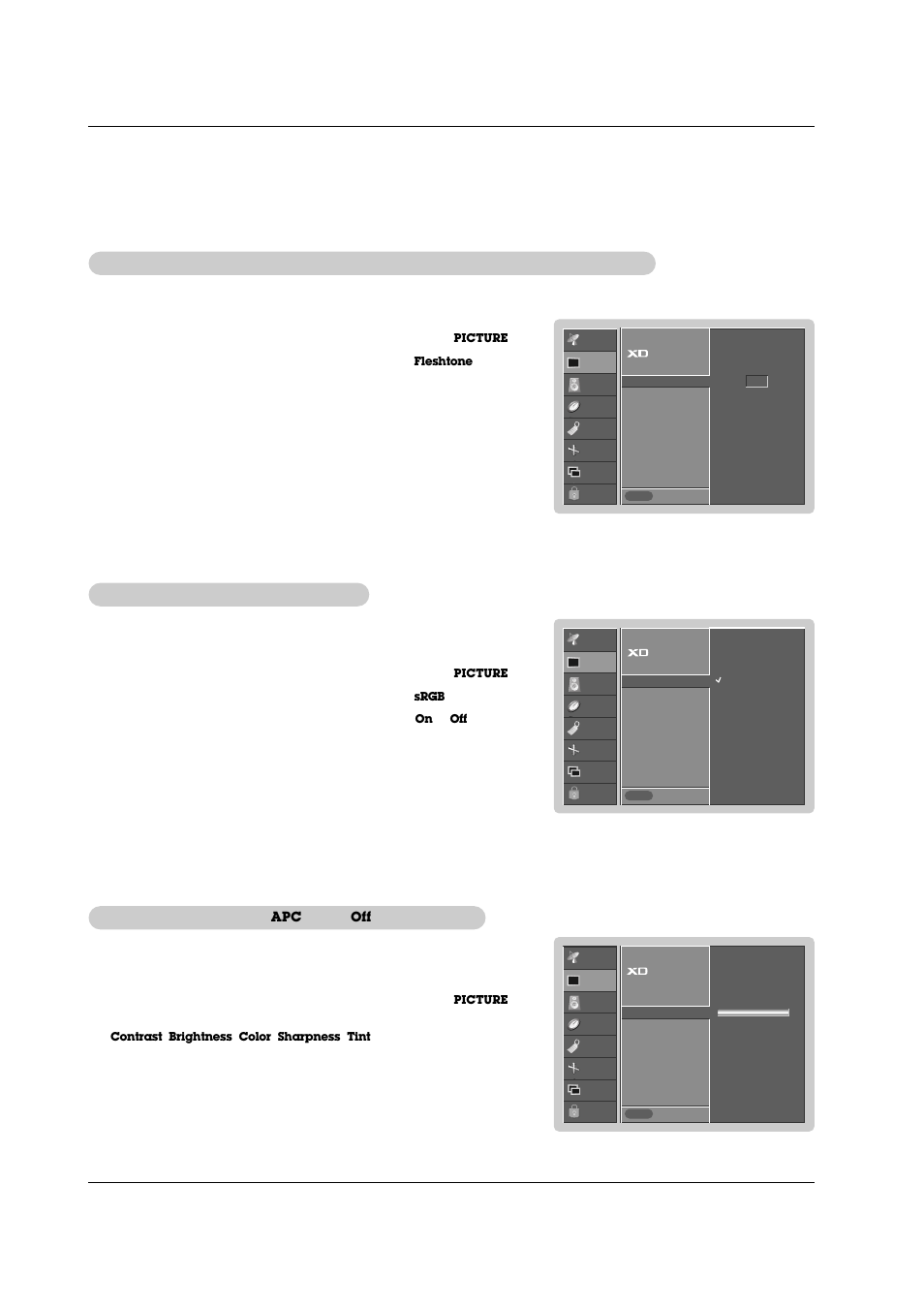 Picture menu options continued, Manual picture control, Set to | Option), Srgb (only rgb-pc, dvi-pc modes), Fleshtone (tv | LG RU-42PZ71 User Manual | Page 22 / 52