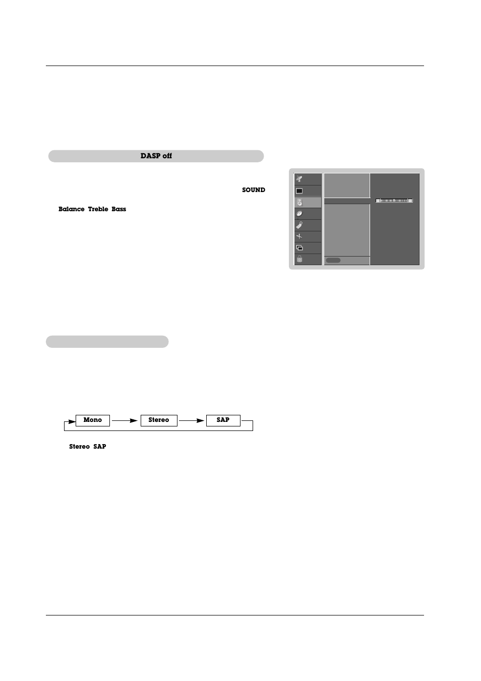 Sound menu options continued, Stereo/sap, Stereo/sap broadcasts setup broadcasts setup | Manual sound control, Option and balance) | LG RU-42PZ71 User Manual | Page 24 / 52