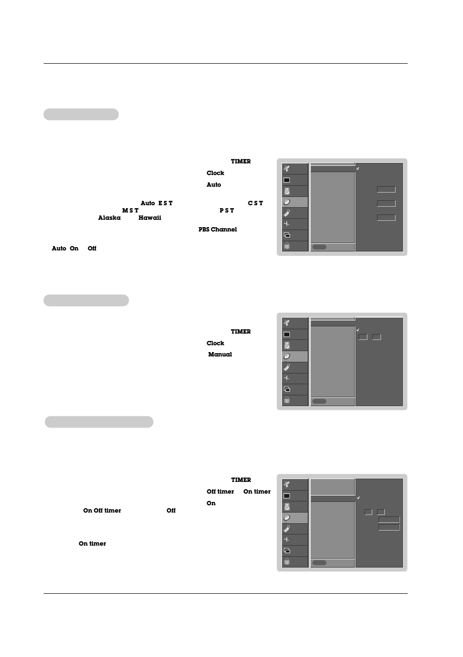 Timer menu options imer menu options, On/of, Auto clock setup | Manual clock setup | LG RU-42PZ71 User Manual | Page 25 / 52
