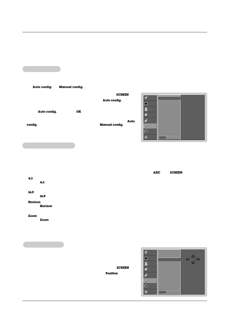 Screen menu options, Auto, Auto adjustment adjustment | Setting picture format, Screen position | LG RU-42PZ71 User Manual | Page 30 / 52