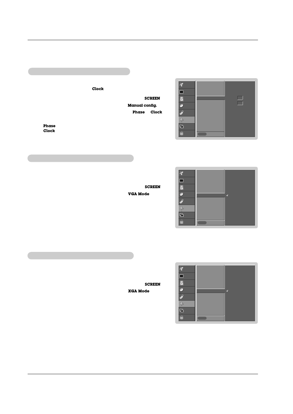 Manual configure (rgb-pc mode only), Selecting vga, Selecting xga | LG RU-42PZ71 User Manual | Page 31 / 52